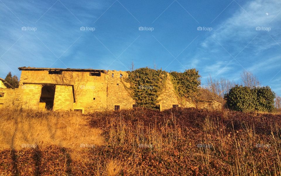 Mountain ruins at the sunset