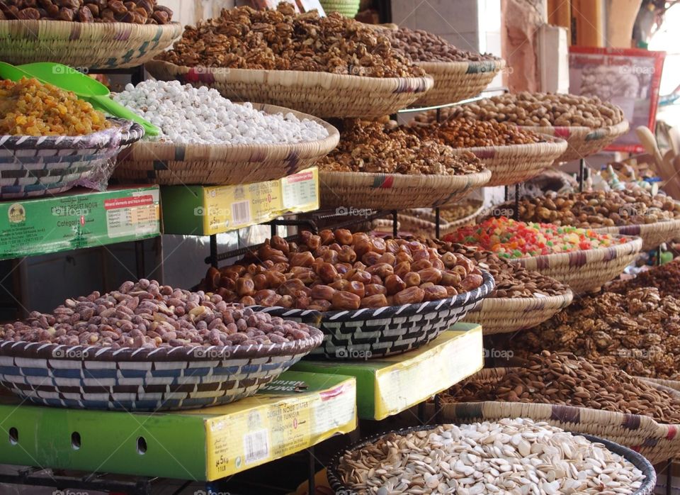 Dry fruits, spices and herbs at a Berber market in the mountains
