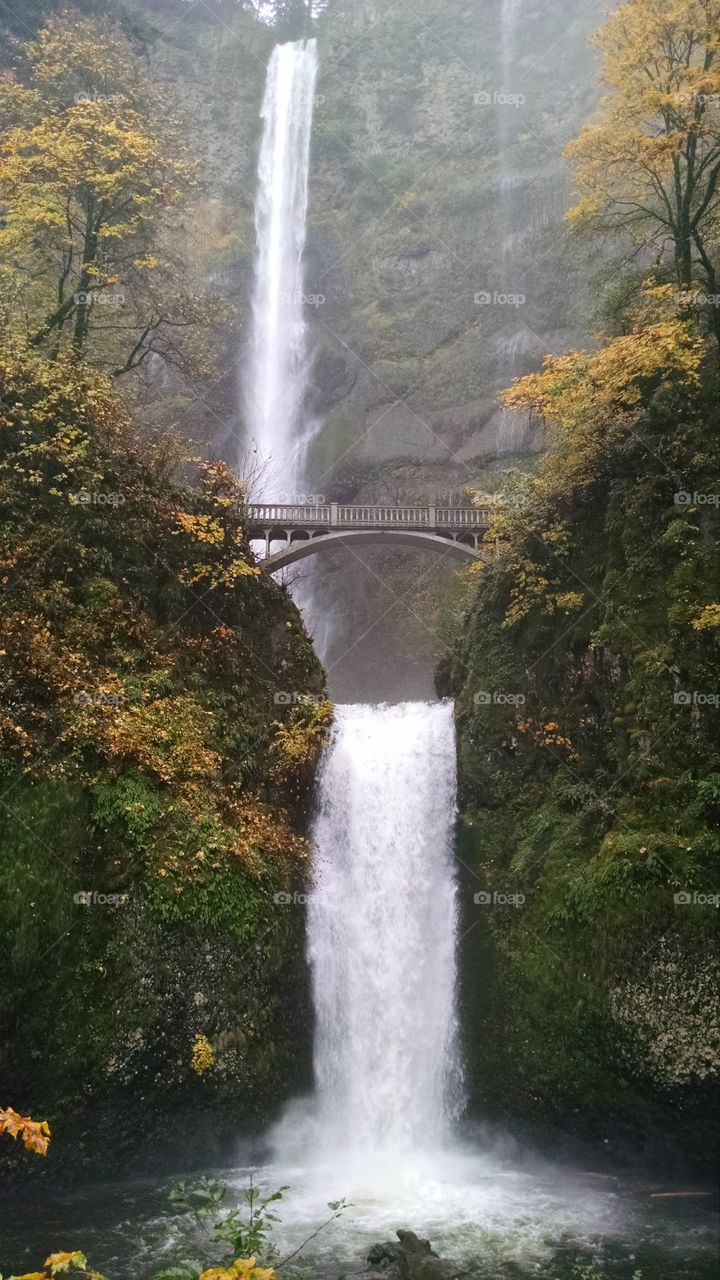 View of bridge against Multnomah Falls