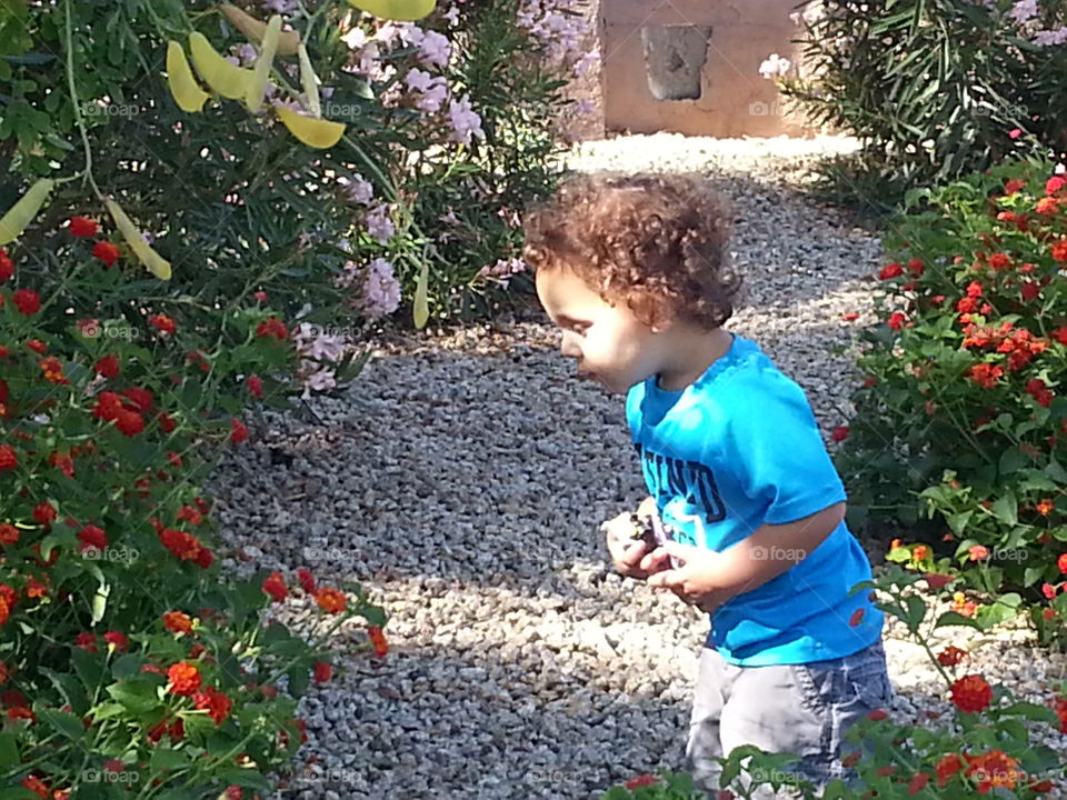 Toddler playing in nature.