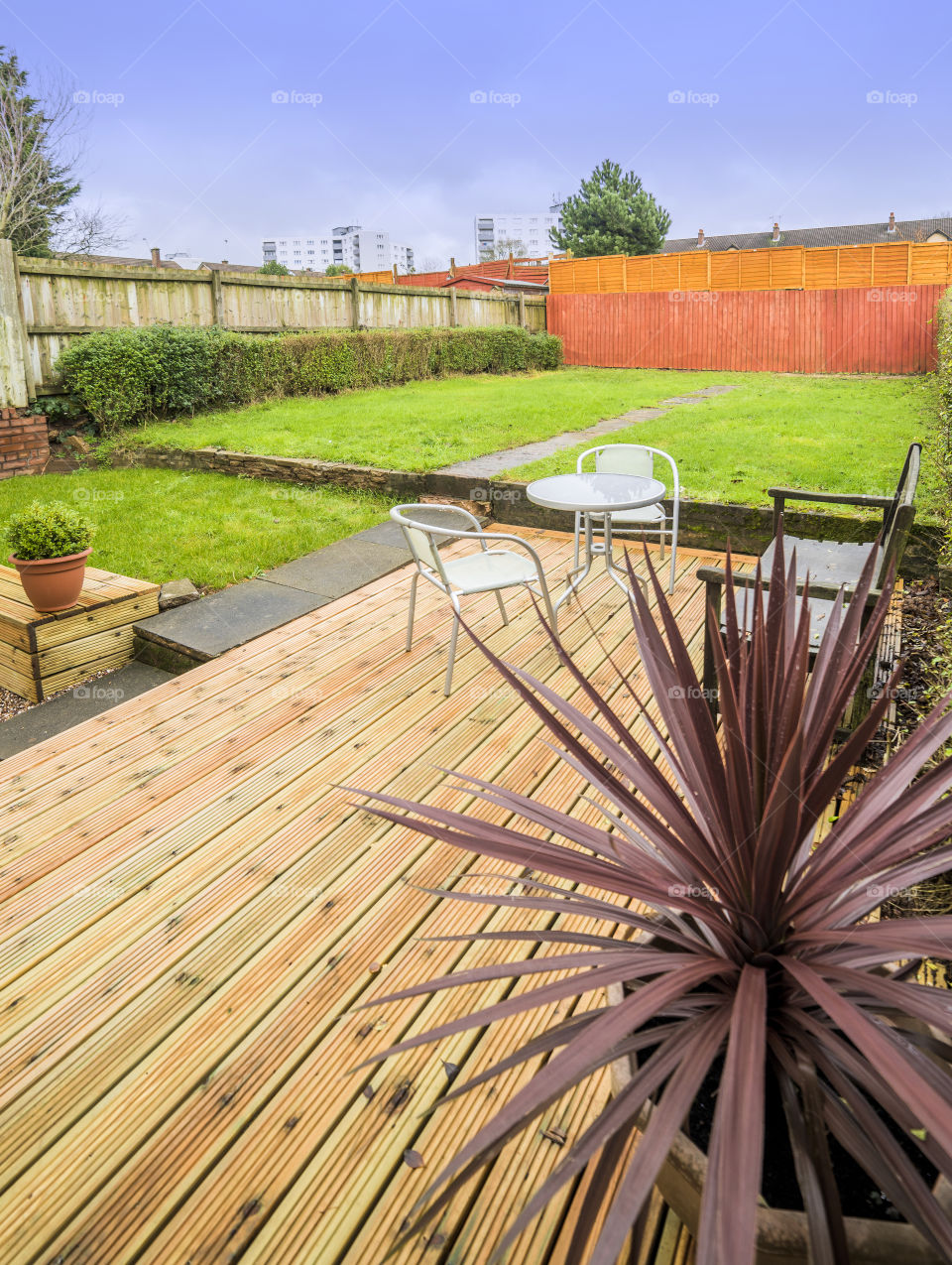 Patio and garden of newly decorated and refurbished house. This image has a property release.