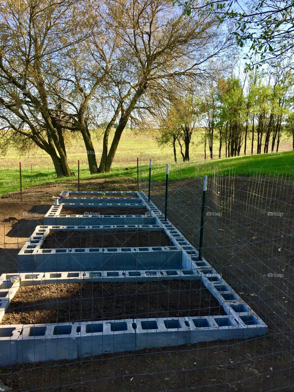 Wire fence around a raised-bed garden