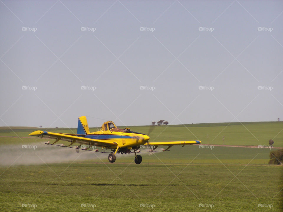 A crop duster spraying low over a crop