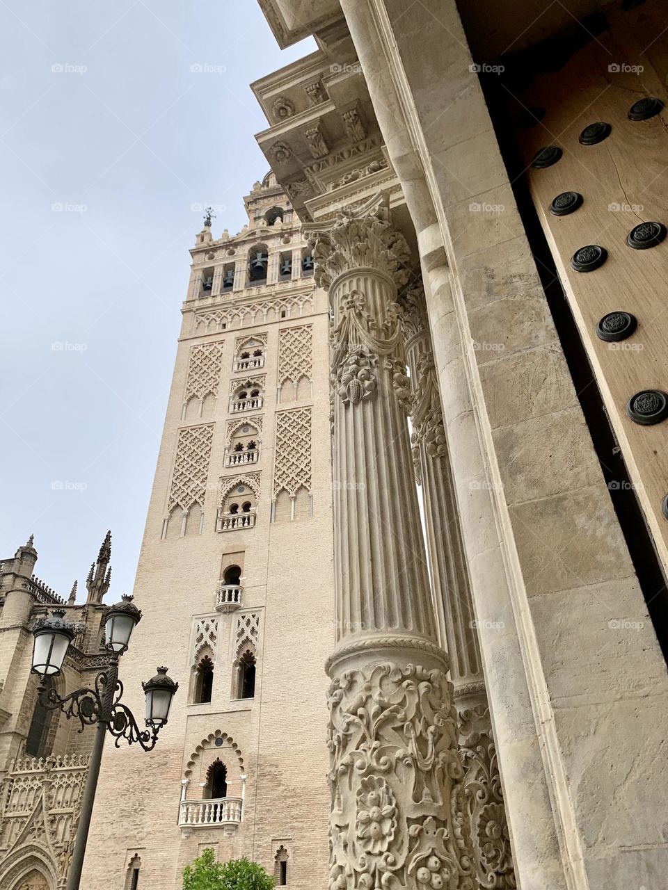 Architectural details on cathedral and pillar detail on surrounding doorway