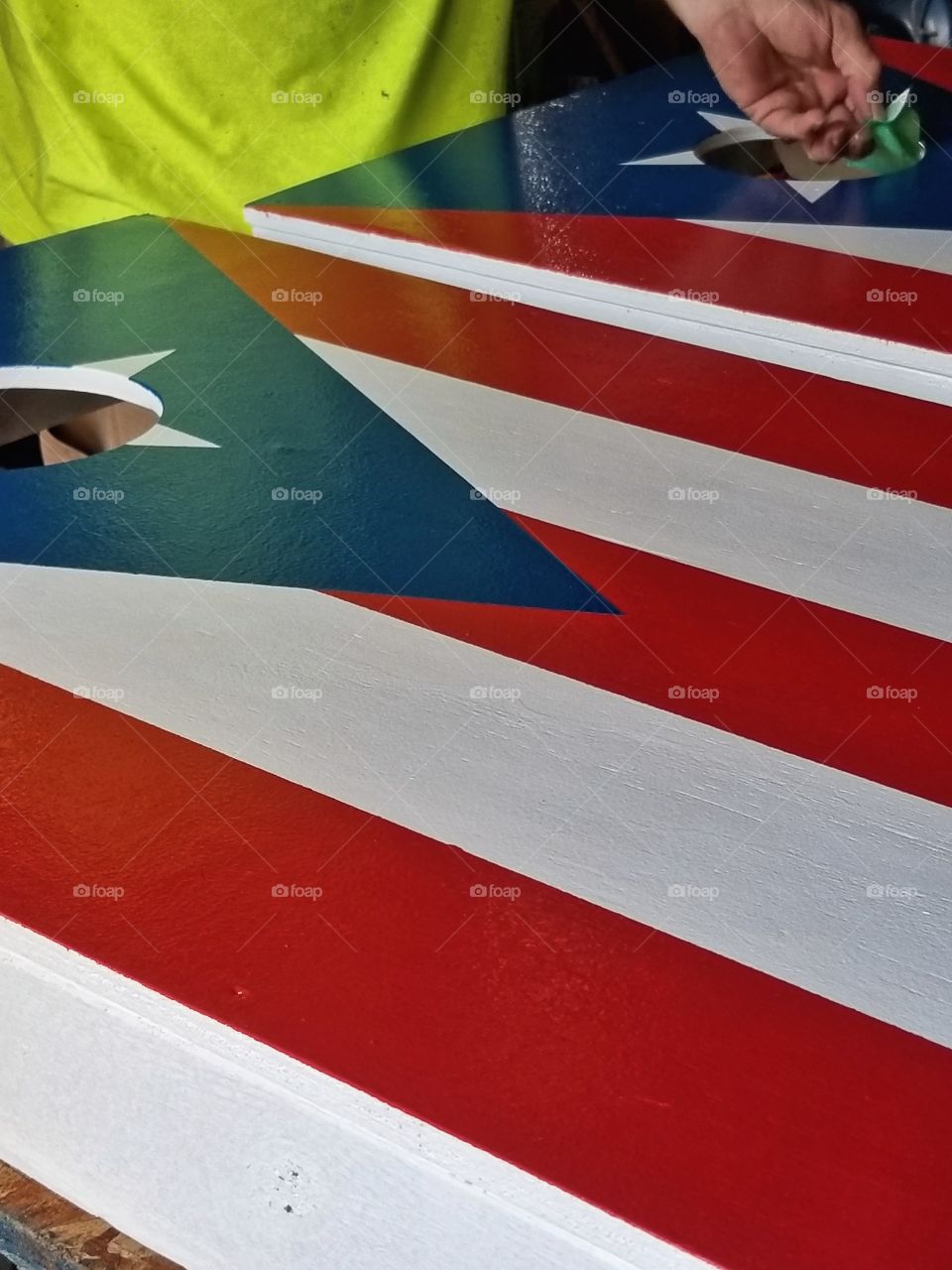 Finished DIY Corn hole boards with Puerto Rico flag