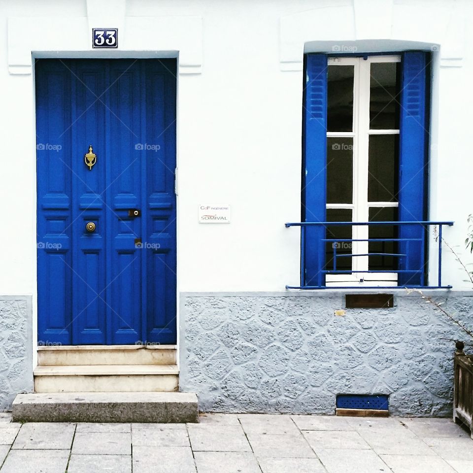 blue door and blue window