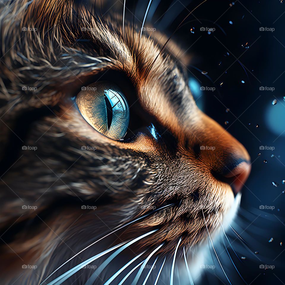 close up of a cat face with round eyes, in the style of vray tracing, photo-realistic techniques