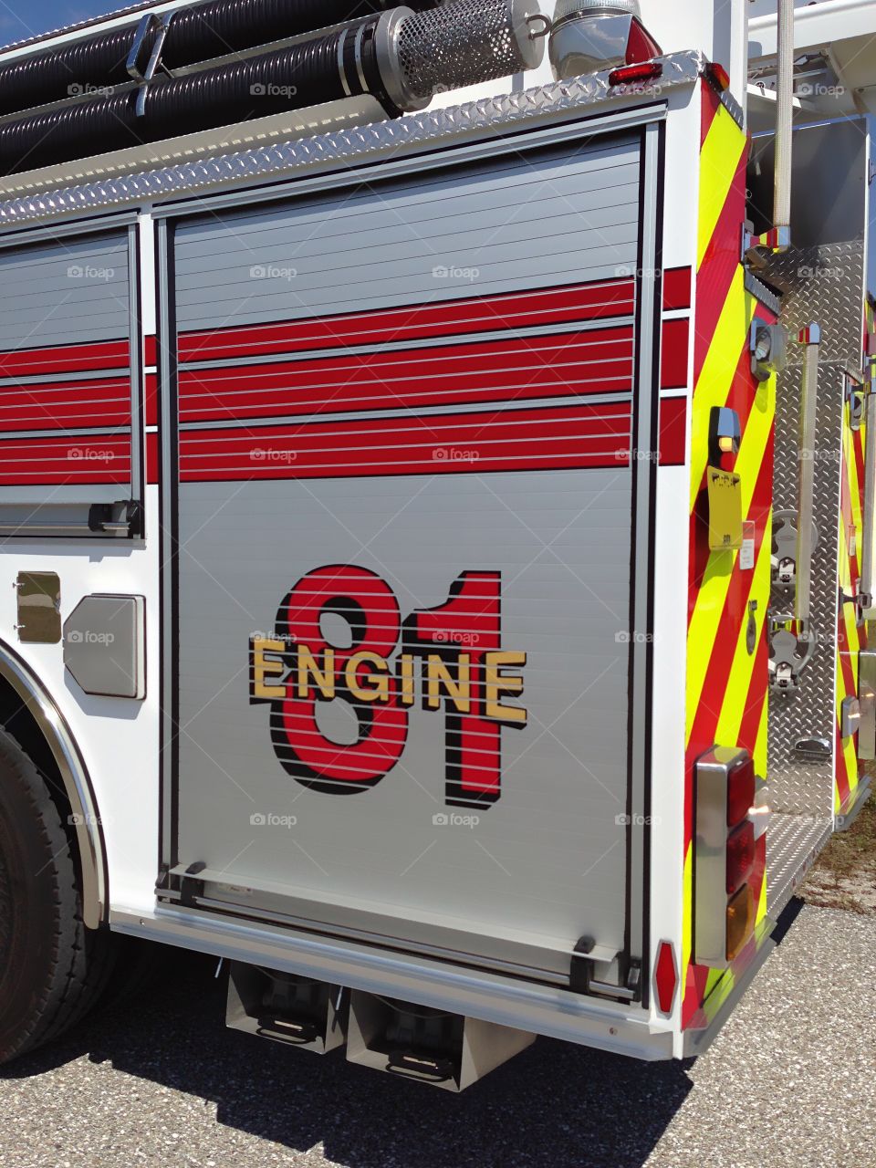 Fire engine rescue vehicle shiny in the sun.