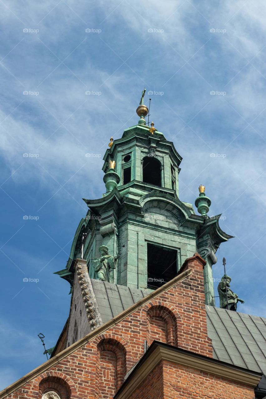 close-up of a fragment of the tower of the cathedral at the wawel castle