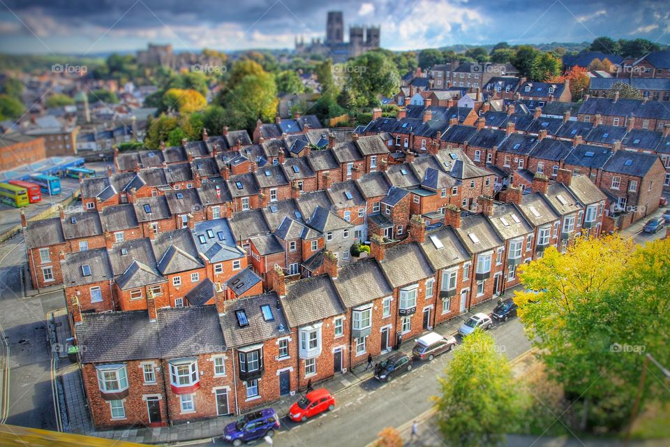 Terraced Houses and Cathedral. Rows of terraced houses in the shadow of Durham Cathedral.