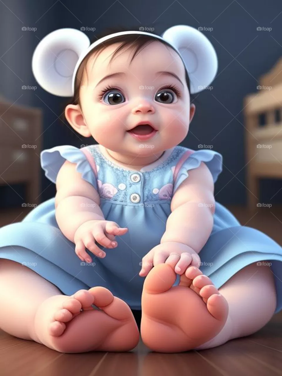 A little girl sits barefoot