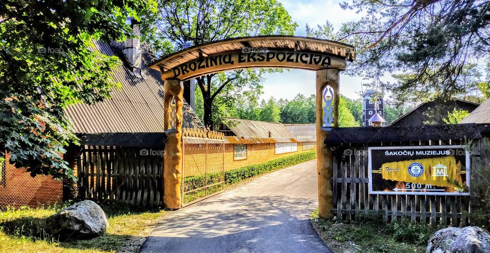 Gate to the city of wooden sculptures. (Lithuania, Druskininkai, July, 2019).