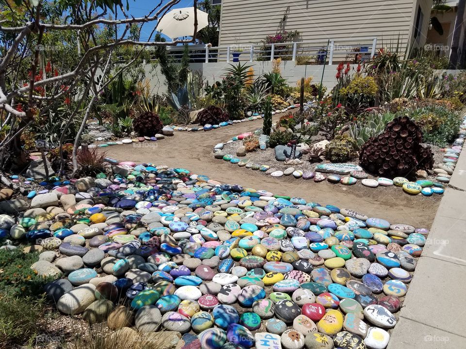 Colorful, serene community art rock garden in Encinitas, California.