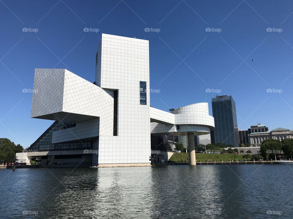 Rock and Roll Hall of Fame and museum located in downtown Cleveland, Ohio, United States view from Lake Erie