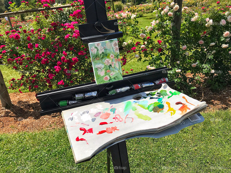 Artists palette and painting of roses at the Elisabeth Park Rose Conservancy 