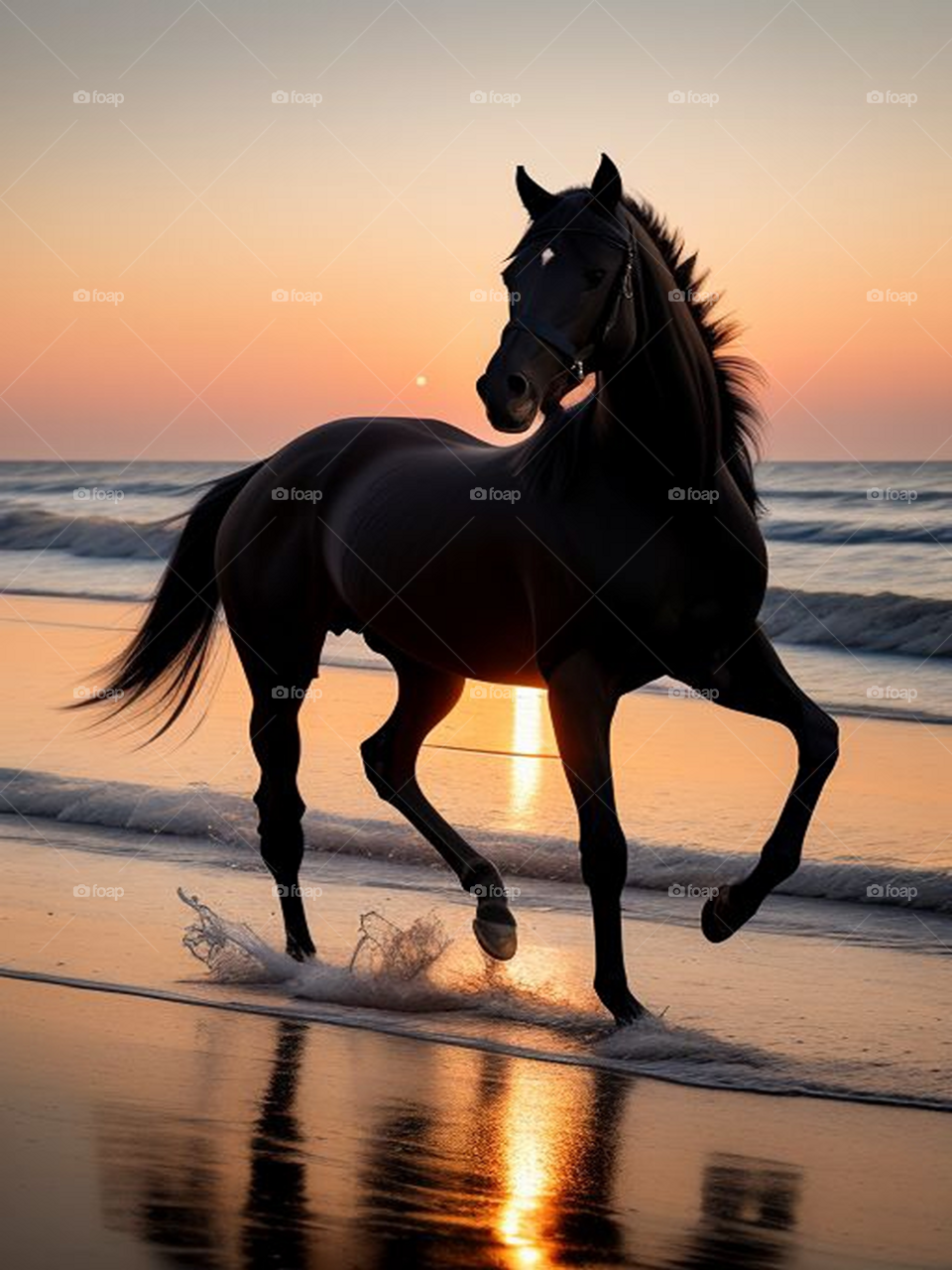 ,Black horse walking on the beach