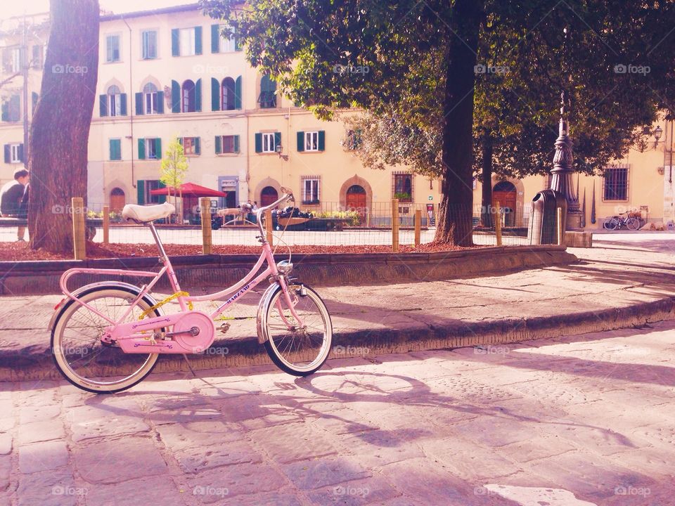 Pink bike in a sunny piazza in Florence, Italy 