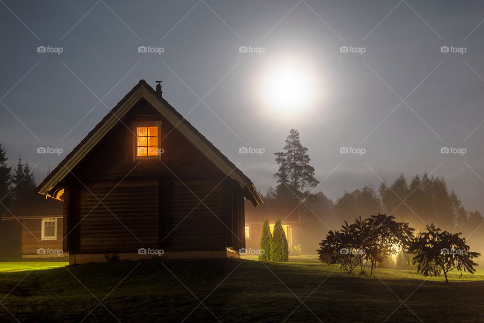 Rural guest house in the moon light.