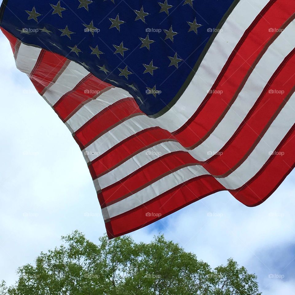 American Flag blowing in the wind, top of tree seen in background, cloudy blue sky.