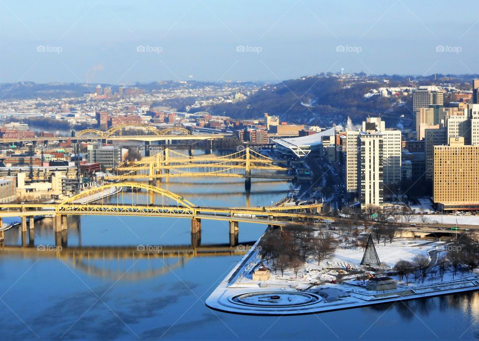 Pittsburgh PA, City of Bridges, several bridges in photo