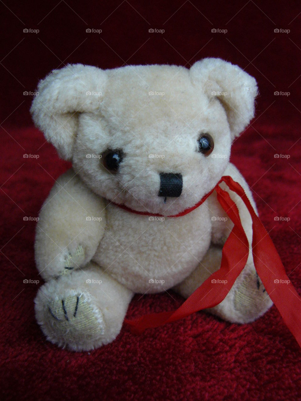 cute little teddy bear with black beady eyes and a bright red ribbon tied around neck like a scarf