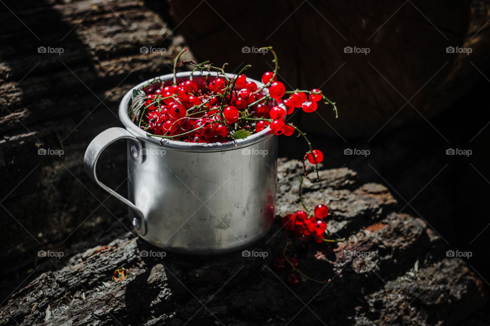 red currants in an iron mug