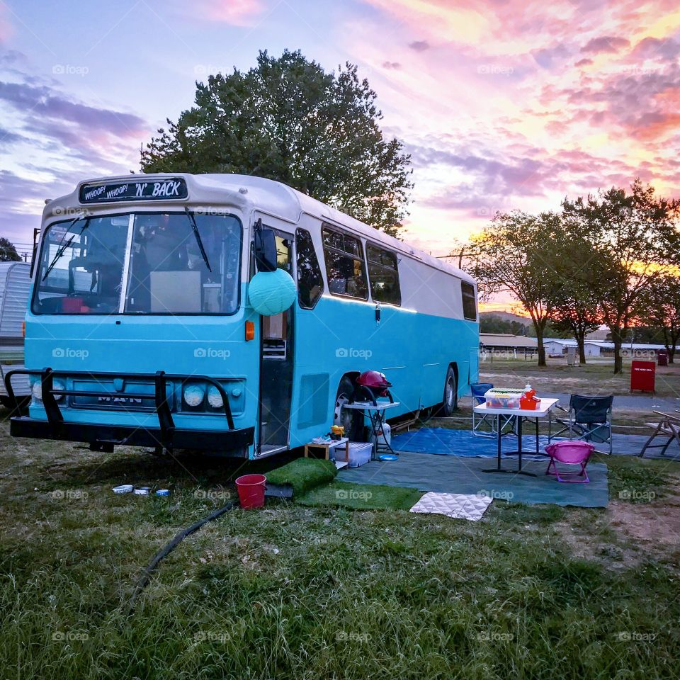 Our bus parked at exhibition park in Canberra ACT Australia on sunset. This is one of our test runs before our big trip later this year. 