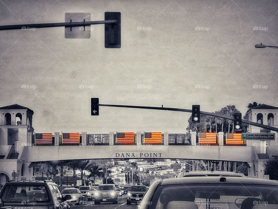 Dana Point California, American Flags, Bridge at Dusk