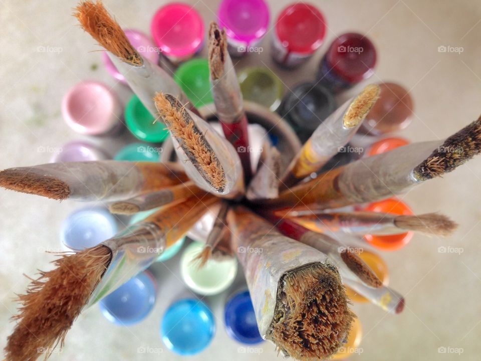 High angle view of a paint brushes