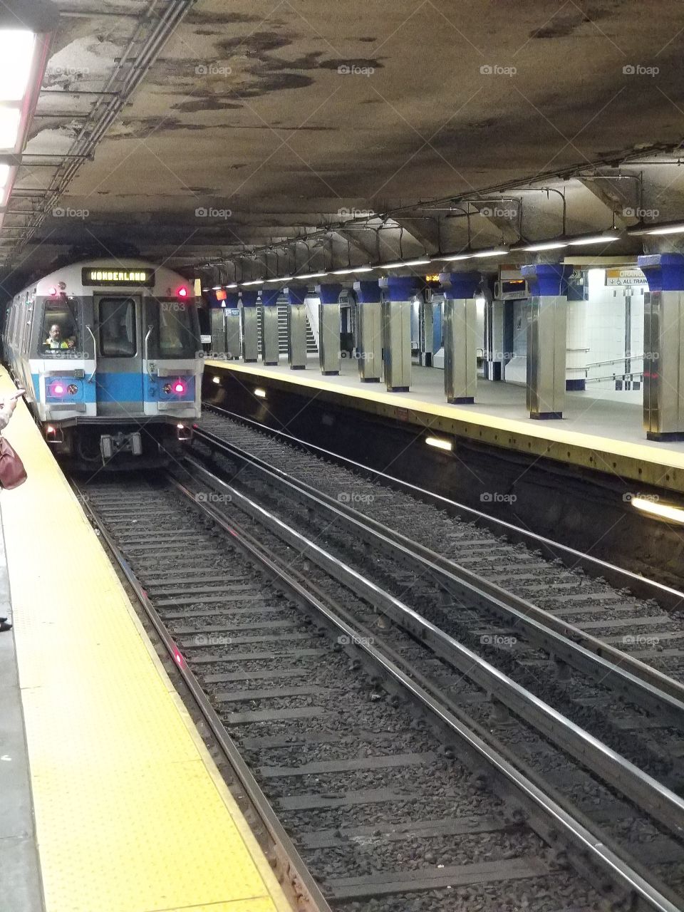 Boston Subway Blue Line Train coming into the Station at State Street