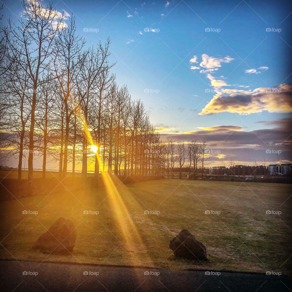 Sunset near soccer field, walking along a bike path.