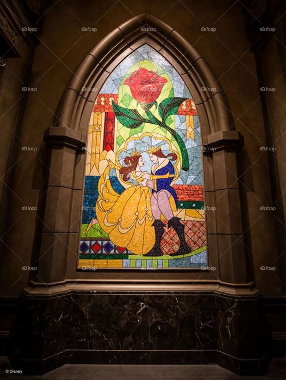 Beauty and the Beast window in Be Our Guest Restaurant