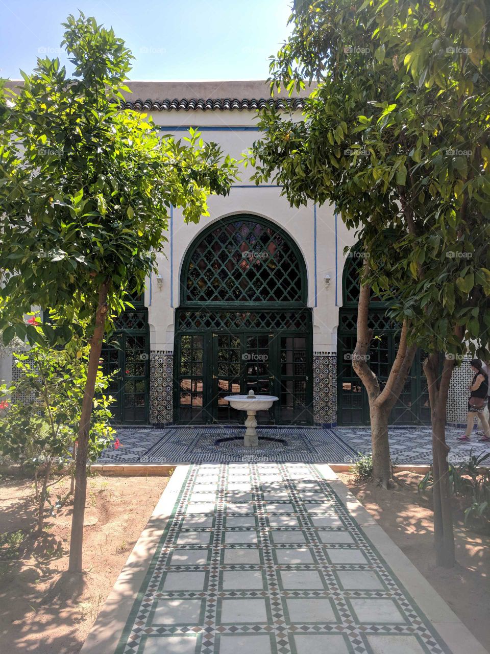 Walking and Strolling Through the Ceramic Tile Mosaic Floors (Pathways) and Stained Glass Windows (and Doors) of the Garden at the Bahia Palace in Marrakech in Morocco