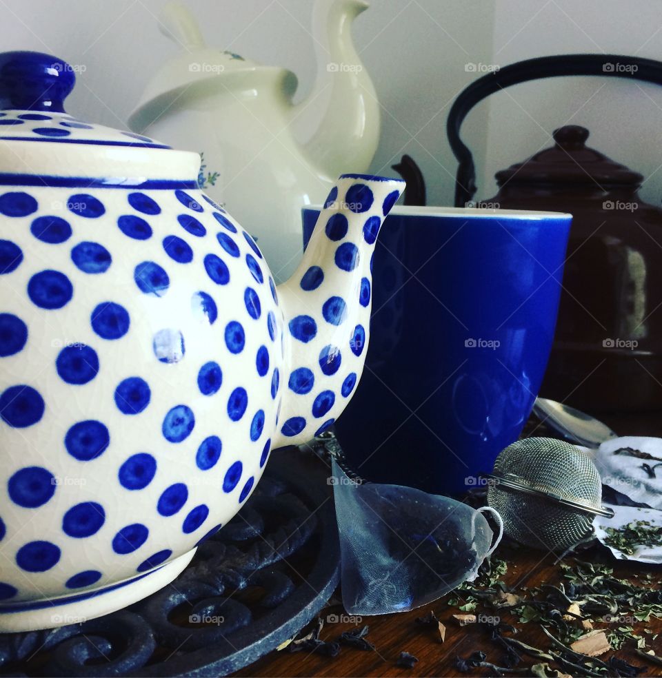 Part of my teapot collection with my favourite extra large mug and a mix of my favourite teas, both loose leaf and bagged.