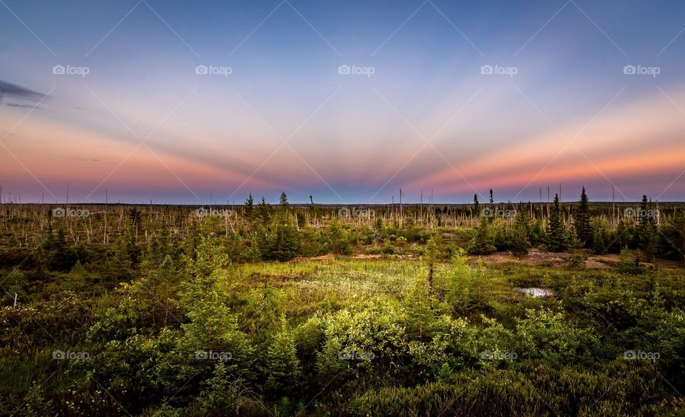 Anticrepuscular rays in northern Canada, James Bay area, autumn, atmospheric phenomenon, horizontal