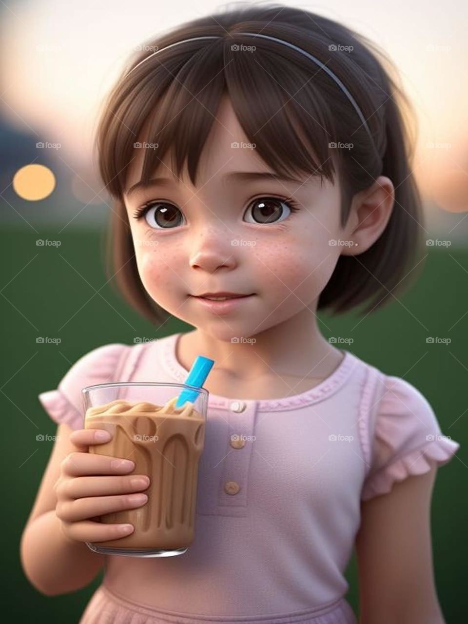Cute little girl eating chocolate milk