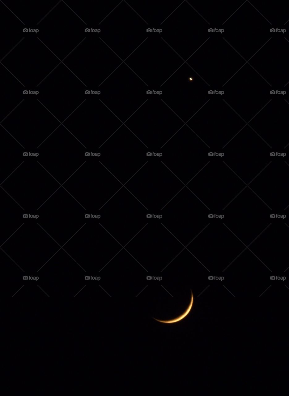 Crescent moon with a single star in an otherwise blank canvas of black night 