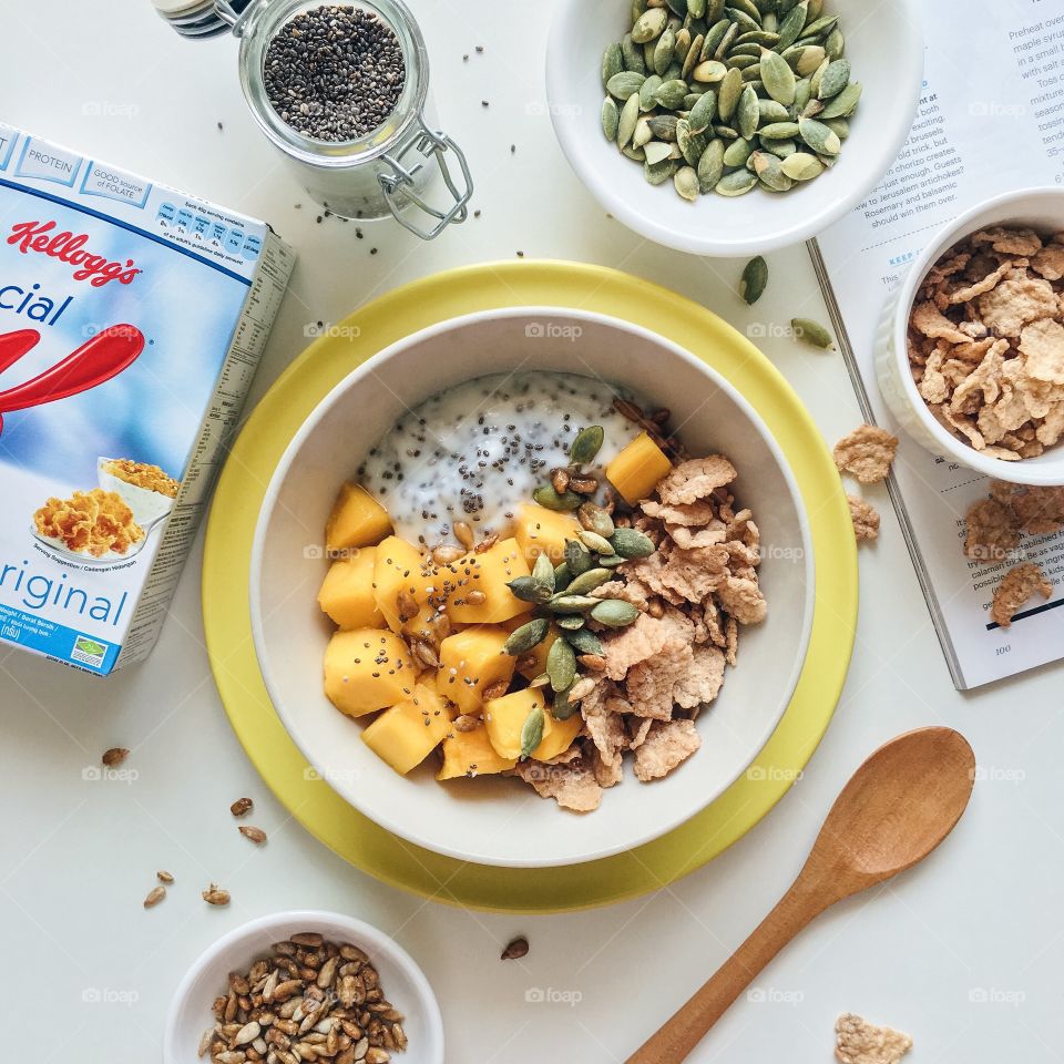 Reimagining cereal : Healthy breakfast bowl with Kellogg's Special K chia pudding and mango.
(Ingredients : Kellogg's Special K, yogurt, chia seed and mango top with pumpkin seeds and sunflower kernels )
