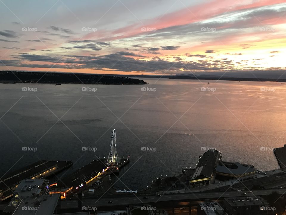 Seattle skyline , water front view from zillow.com, sunset