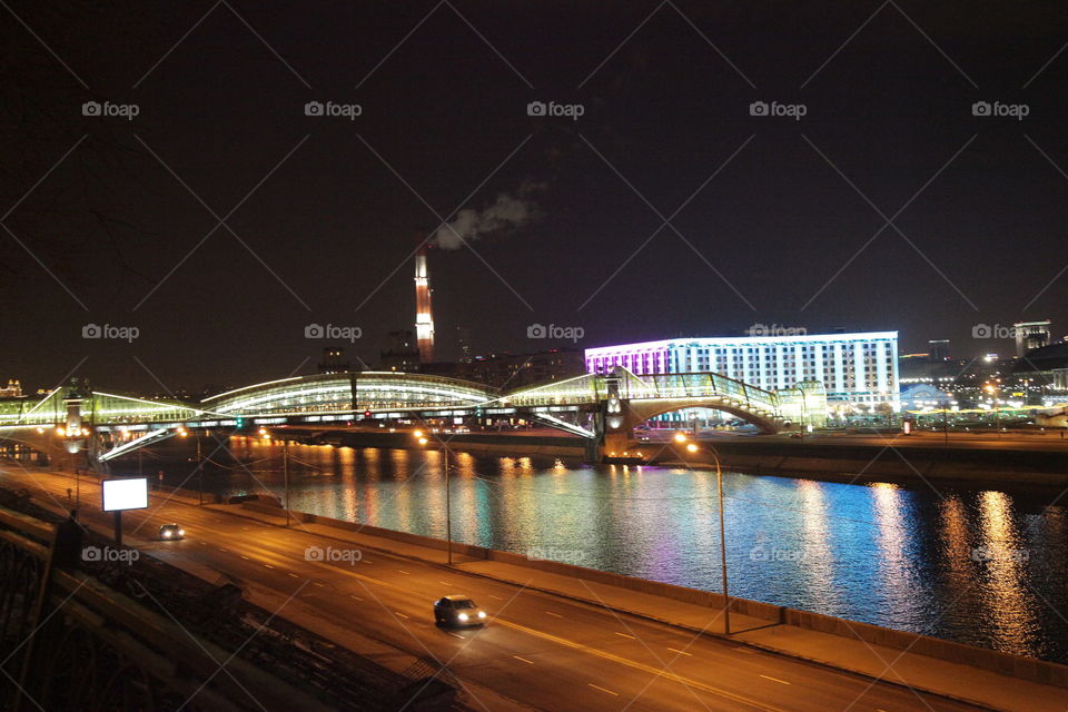 Berth, sunset, river,  Moscow, city, night city, Moscow does not sleep