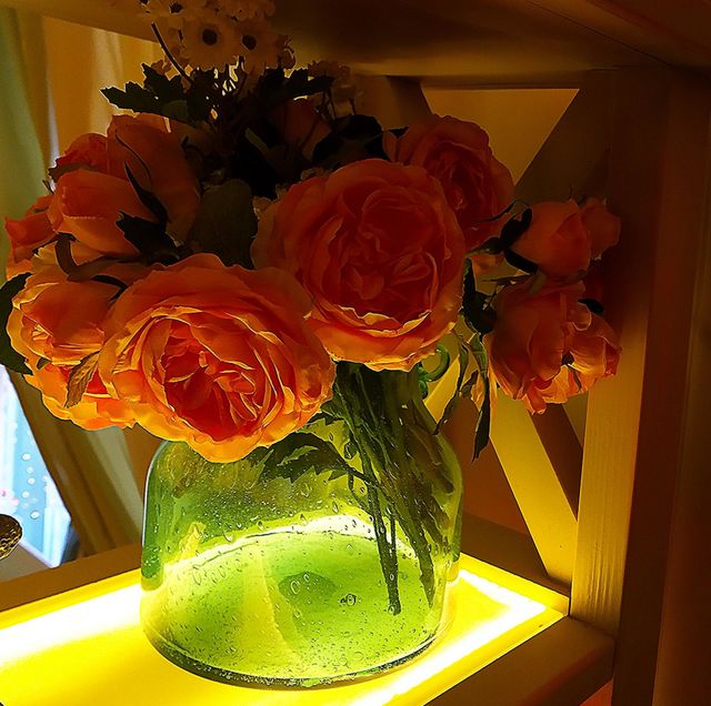 Bouquet of orange roses in a transparent bottle on a wooden shelf. Bottom illumination enhances the effect of the orange color of roses and green stems. Orange roses and green stems with leaves.  Contrast