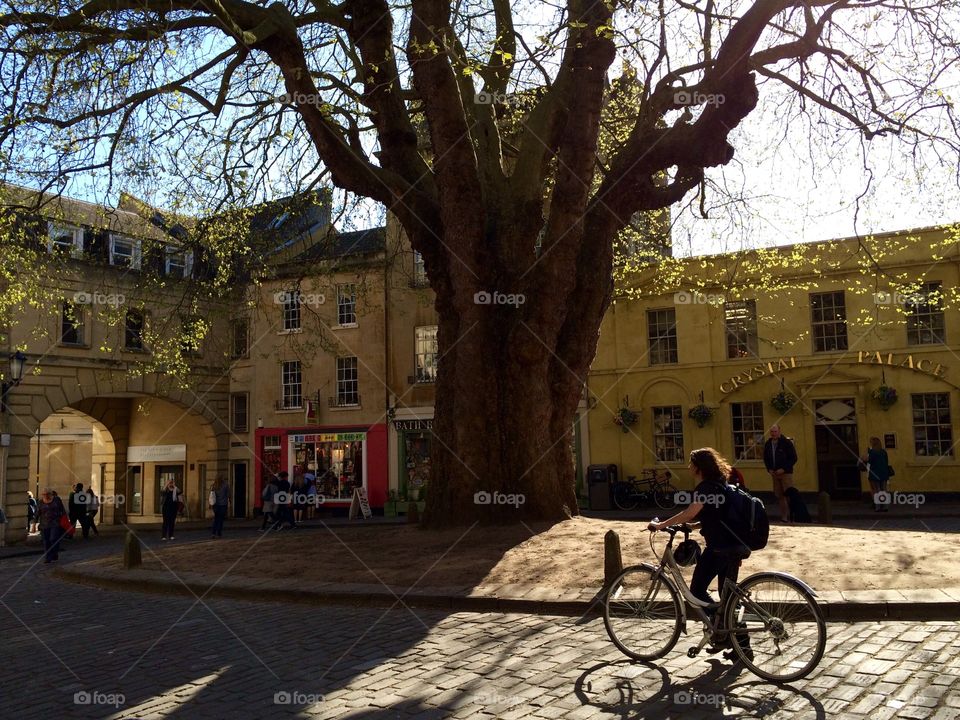 Cobbles. Cyclist in Bath ...