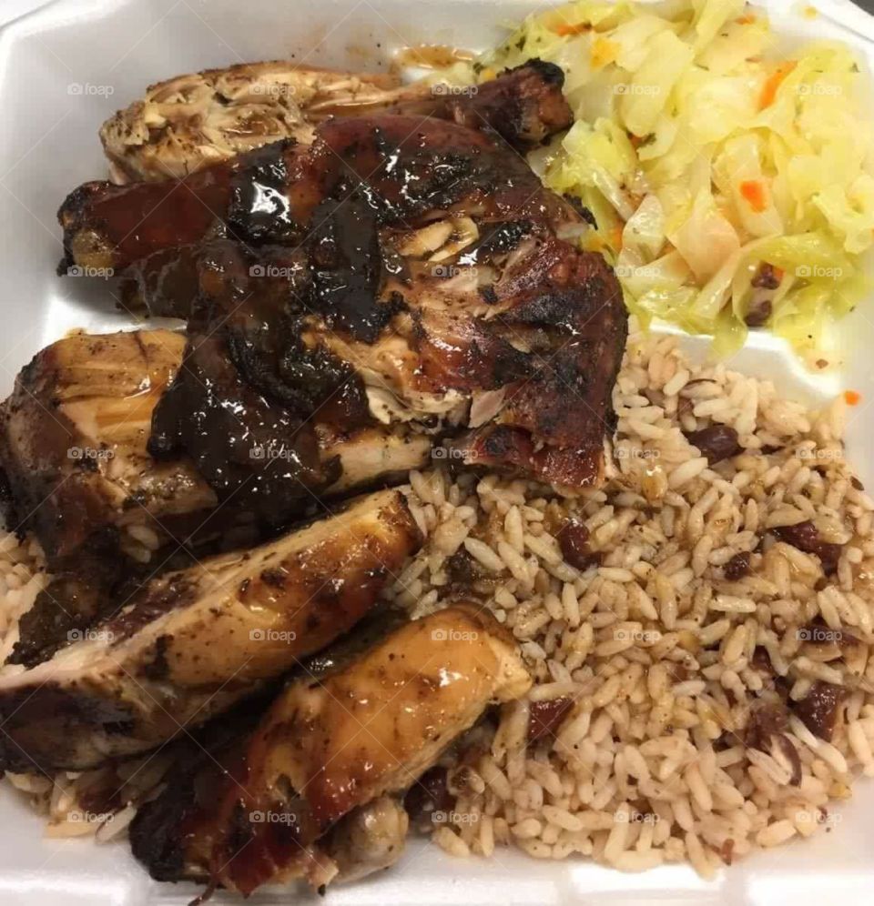 Jerk Chicken with Steamed Cabbage  and Red Beans and Rice