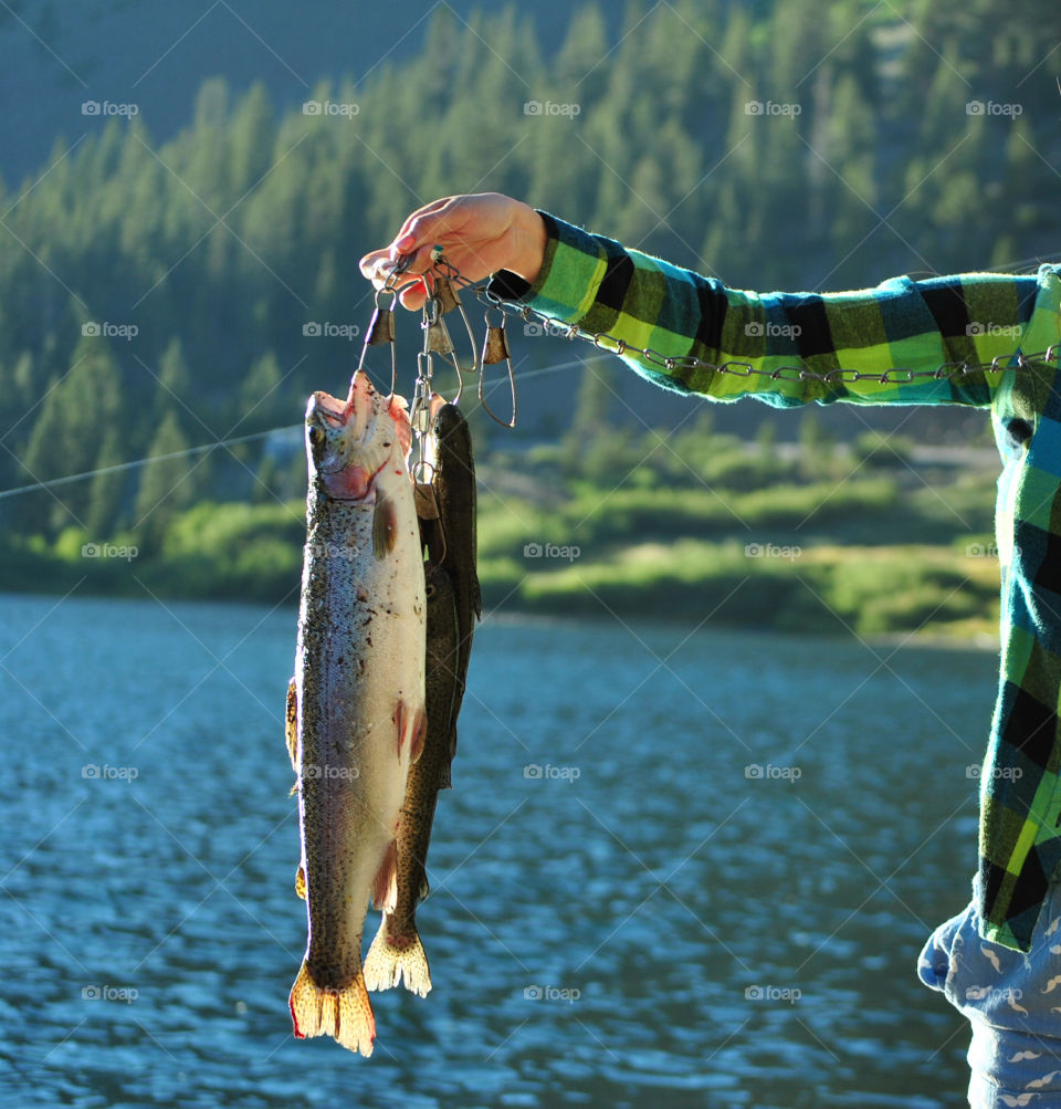 catched a trout fish by the lake