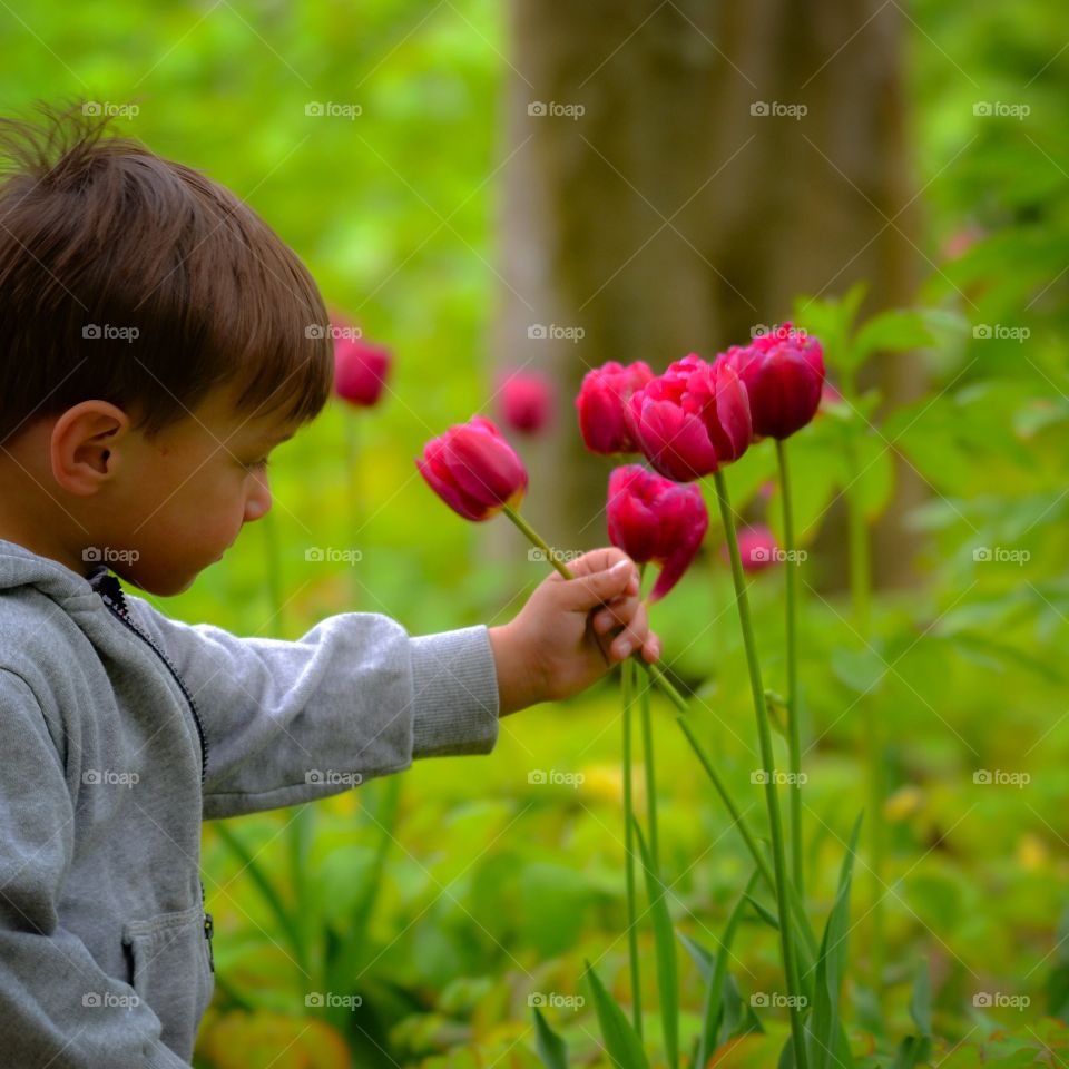 summer flowers . little boy With flowers