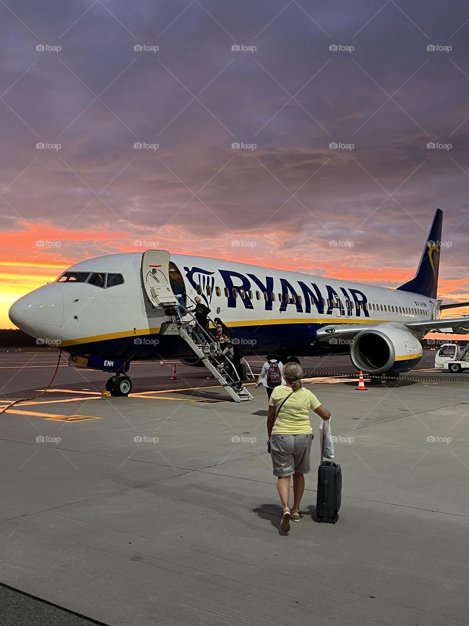 Aircraft Ryanair. Beautiful sunset. Airport vibes. 