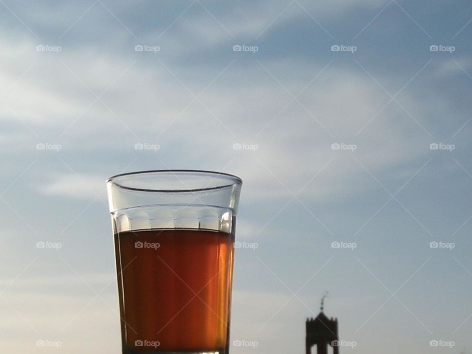 Beautiful cup of tea embraced foggy sky at marrakech city in Morocco.