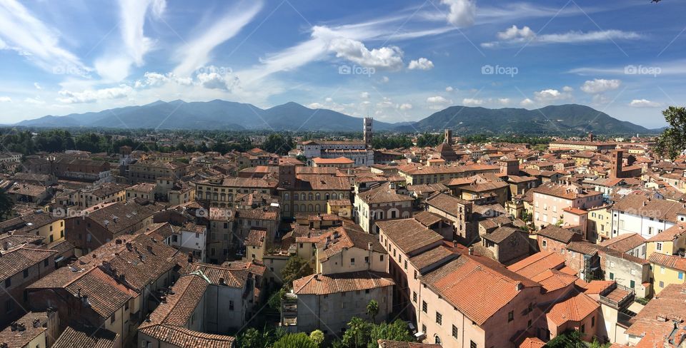 Bird’s eye view of the lovely town of Lucca, Italy. 