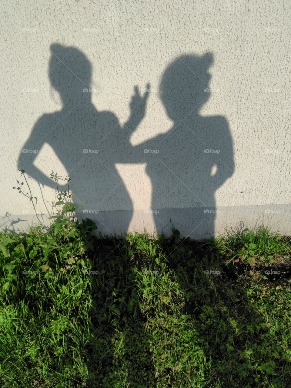 shadows woman's family on a green grass and wall background, mother and daughter