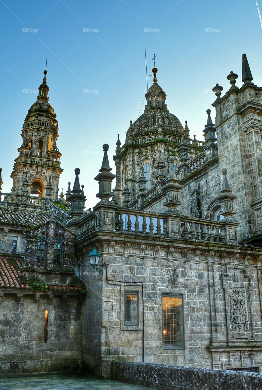 Santiago Cathedral from Praza da Inmaculada. View of Santiago Cathedral from Praza da Inmaculada